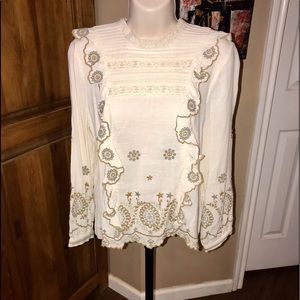 Zara Woman Premium Denim Collection Ruffles Embroidered Blouse- oyster white